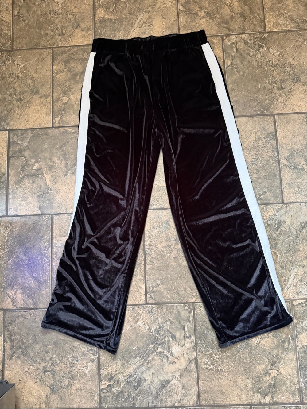 Black Velvet Track Pants with White Side Stripe for Women
